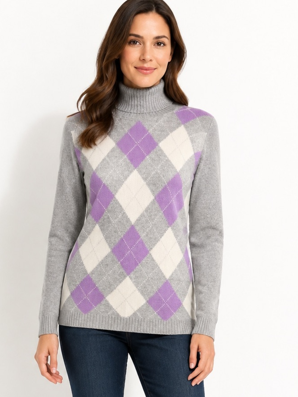 Brooks Brothers Pure Cashmere Argyle Turtleneck Sweater Gray Purple M Luxury